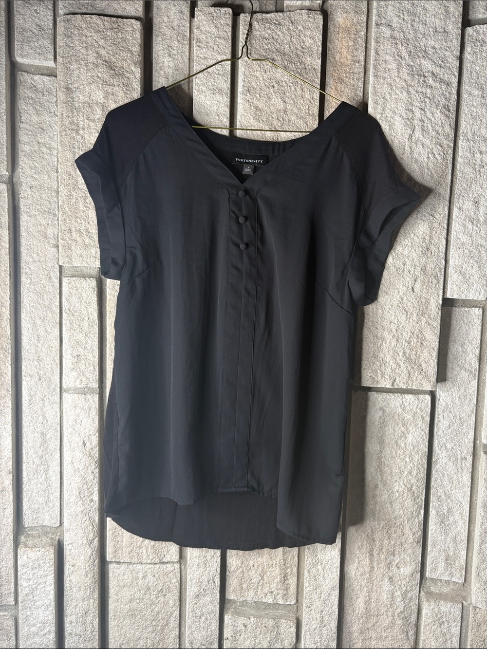 Portmans Black V-Neck Short Sleeve Button-Front Blouse